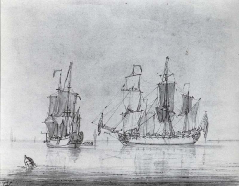 Francis Swaine A drawing of a small British Sixth-rate warship in two positions oil painting picture